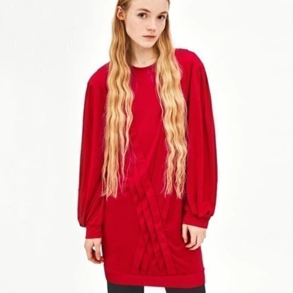 NWT ZARA Retro Pleated Bishop Sleeve Mini Dress Red M - Picture 1 of 16